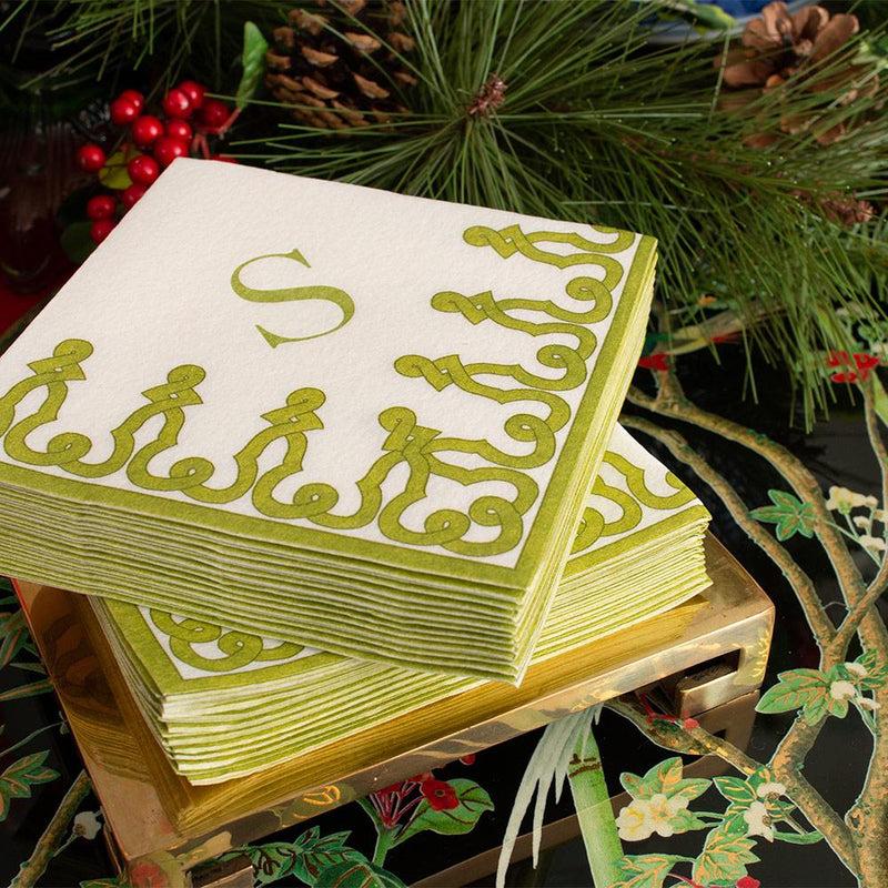 Caspari Dessin Passementerie Paper Linen Cocktail Napkins In Moss Green - 15 Per Package