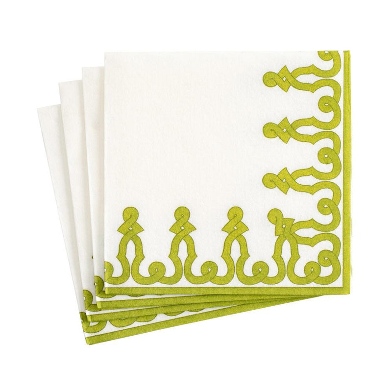 caspari Dessin Passementerie Paper Linen Cocktail Napkins in Moss Green - 15 Per Package