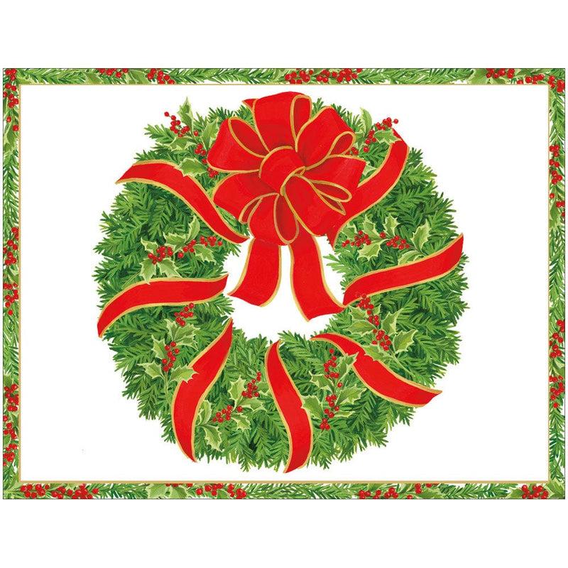 caspari Evergreen Wreath With Red Ribbon Foil C-Sized Christmas Cards Pack in Cello - 5 Cards & 5 Envelopes