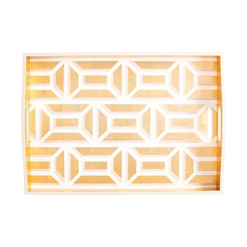 Caspari Garden Gate Lacquer Large Rectangle Tray In White & Gold - 1 Each