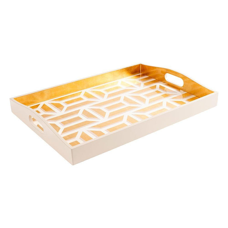 caspari Garden Gate Lacquer Large Rectangle Tray in White & Gold - 1 Each