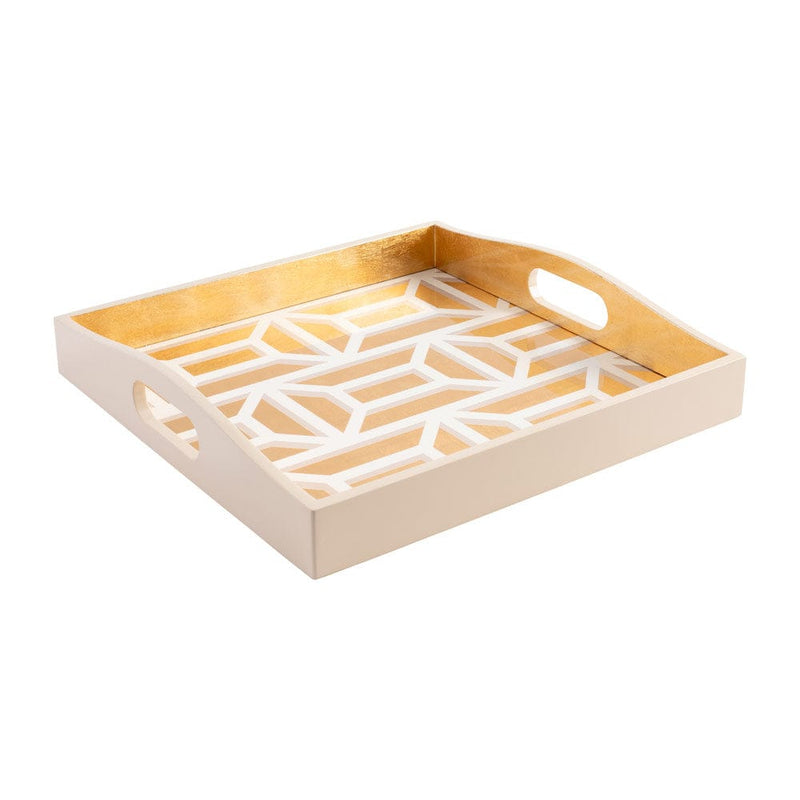 caspari Garden Gate Lacquer Square Tray in White & Gold - 1 Each