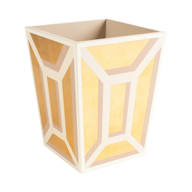 caspari Garden Gate Lacquer Wastebasket in White & Gold - 1 Each