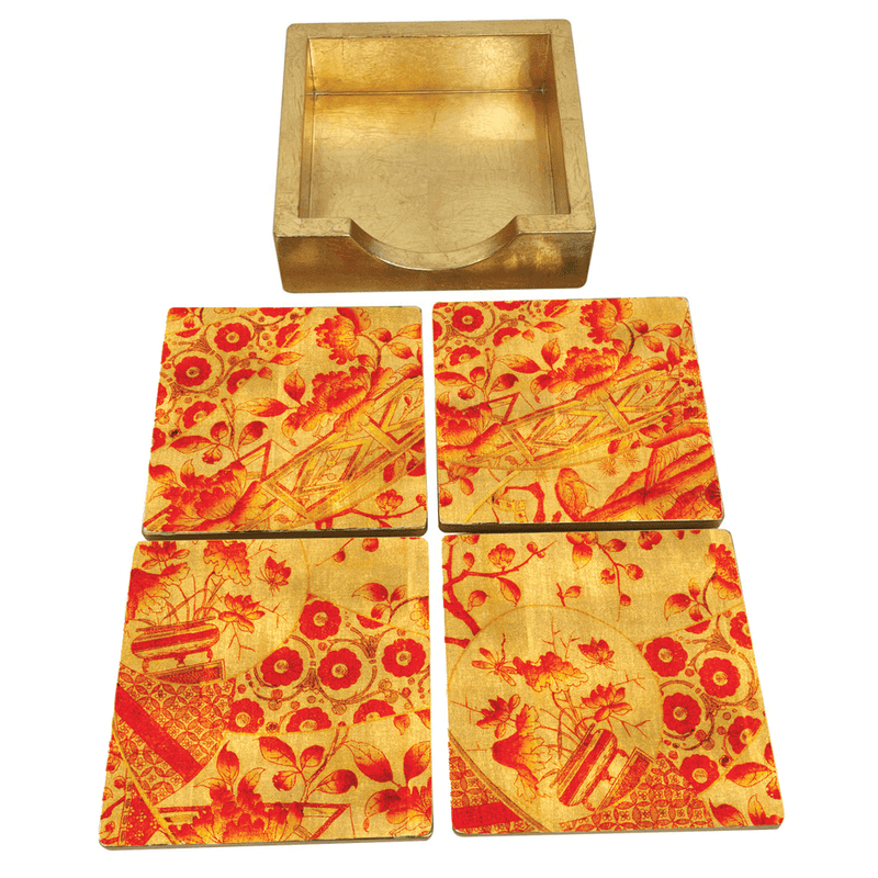 Caspari Gilded Porcelain Coral & Gold Coasters - Set Of 4 In Holder