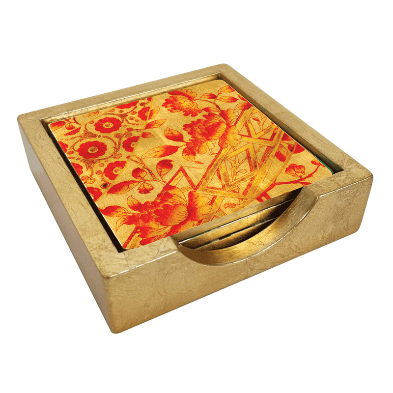 caspari Gilded Porcelain Coral & Gold Coasters - Set Of 4 In Holder
