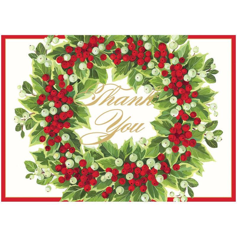 caspari Holly And Berry Wreath Foil Thank You Notes - 8 Note Cards And Envelopes