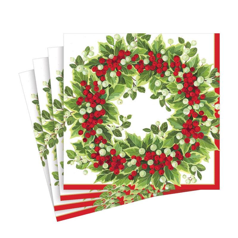 Caspari Holly And Berry Wreath Paper Luncheon Napkins - 20 Per Package