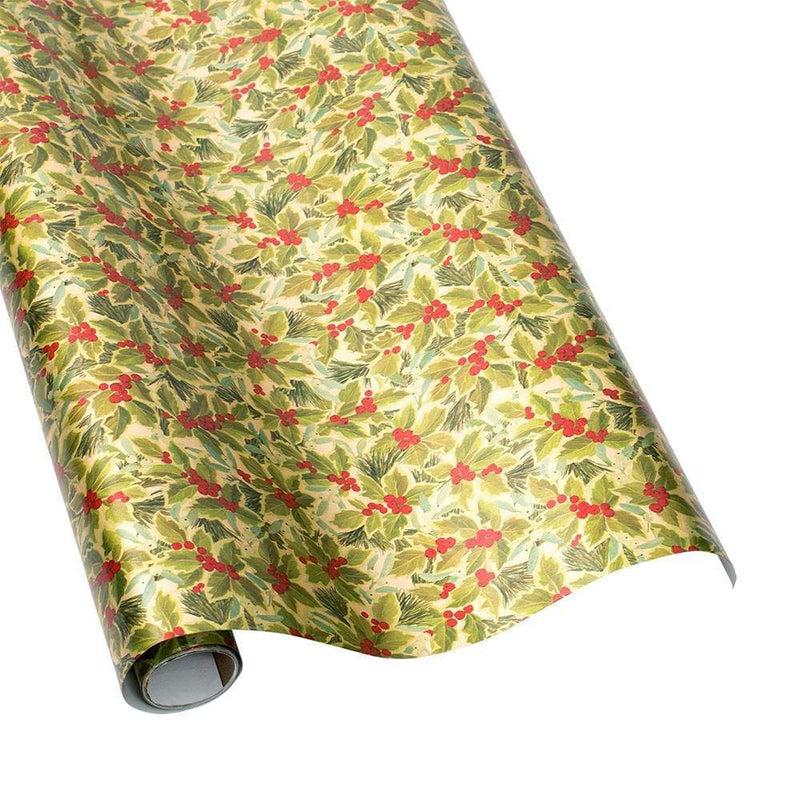 caspari Holly and Mistletoe Gift Wrapping Paper on Gold Foil - 30" x 6' Roll