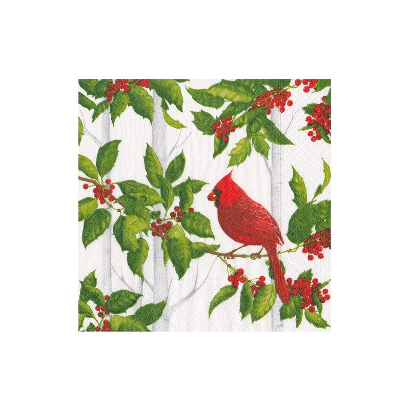 caspari Holly And Songbirds White & Silver Boxed Cocktail Napkins - 40 Per Box
