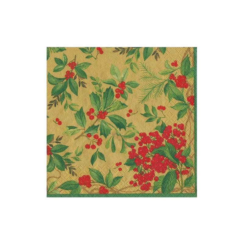 caspari Holly Chintz Green Boxed Cocktail Napkins - 40 Per Box