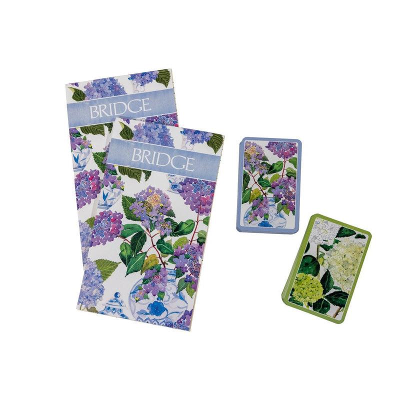 Caspari Hydrangeas And Porcelain Bridge Gift Set - 2 Playing Card Decks & 2 Score Pads