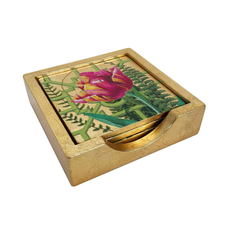 caspari La Dolce Vita Gold Lacquer Coasters - Set Of 4 Coasters In Holder