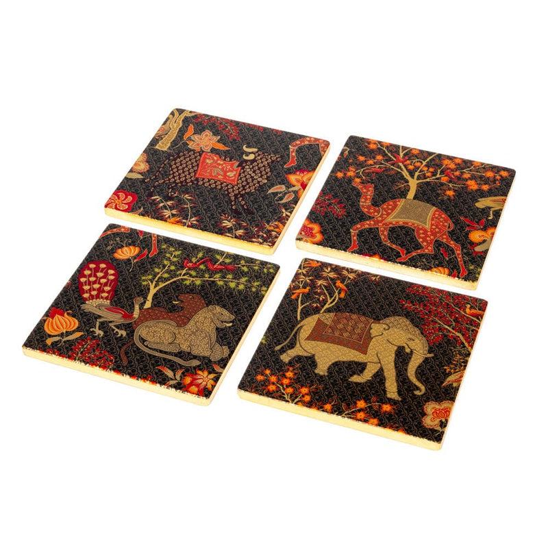 Caspari Le Jardin De Mysore Set Of 4 Lacquer Coaster - 4" Diameter