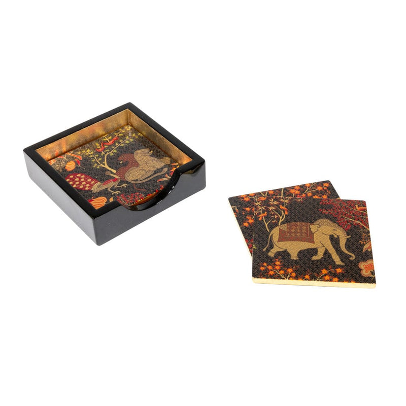caspari Le Jardin De Mysore Set Of 4 Lacquer Coaster - 4" Diameter