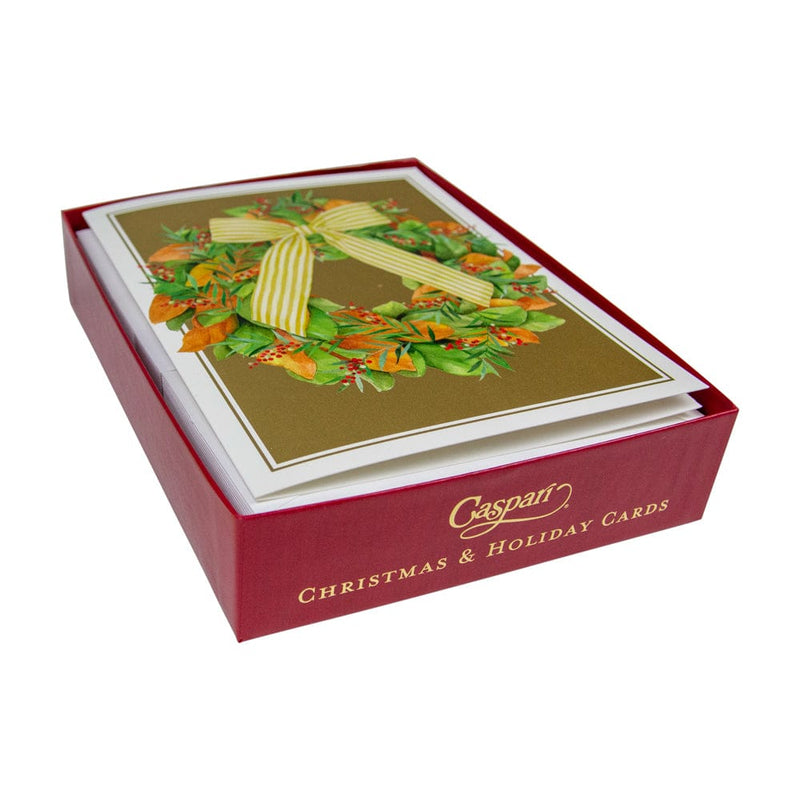 Caspari Magnolia Wreath With Striped Bow D-Size Boxed Christmas Cards - 15 Cards And Envelopes