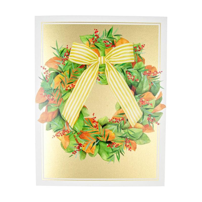 Caspari Magnolia Wreath With Striped Bow D-Size Boxed Christmas Cards - 15 Cards And Envelopes