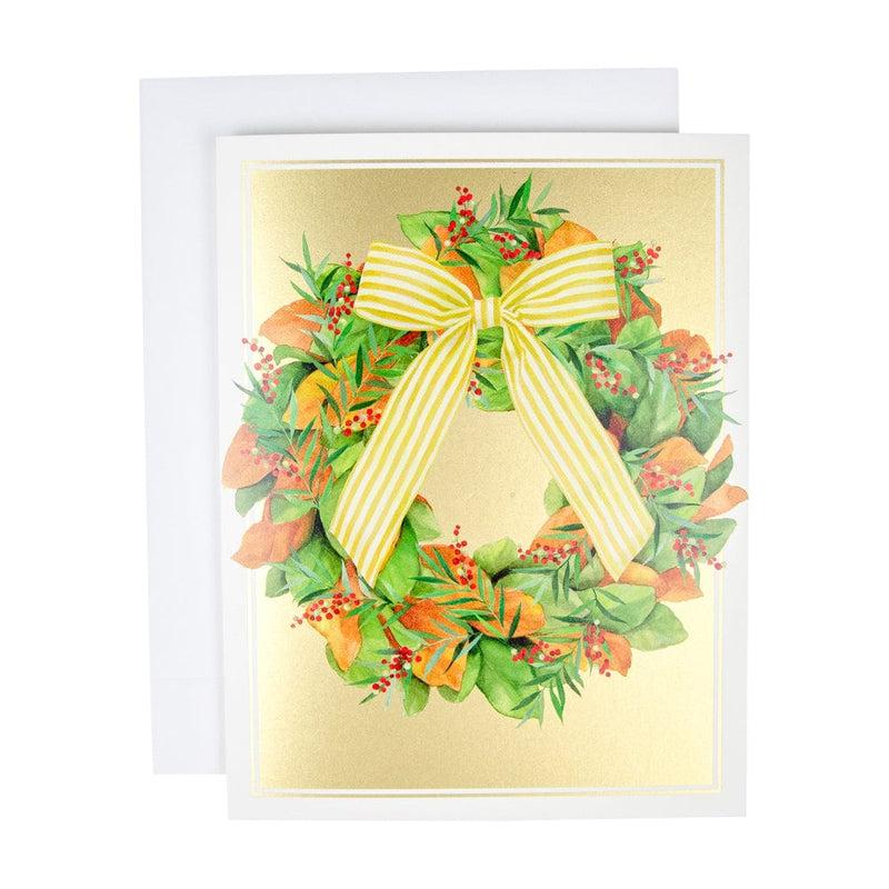 Caspari Magnolia Wreath With Striped Bow D-Size Boxed Christmas Cards - 15 Cards And Envelopes