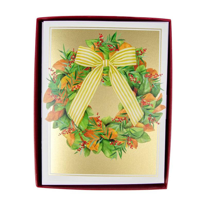 caspari Magnolia Wreath With Striped Bow D-Size Boxed Christmas Cards - 15 Cards And Envelopes