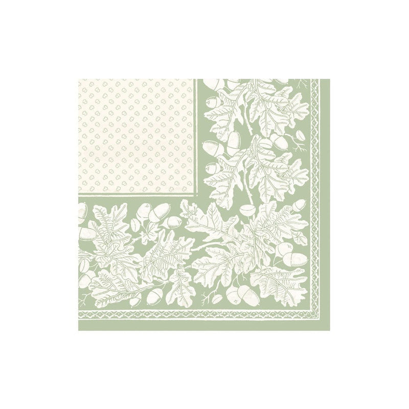 Caspari Oak Leaves & Acorns Paper Linen Cocktail Napkins In Sage Green & Ivory - 15 Per Package