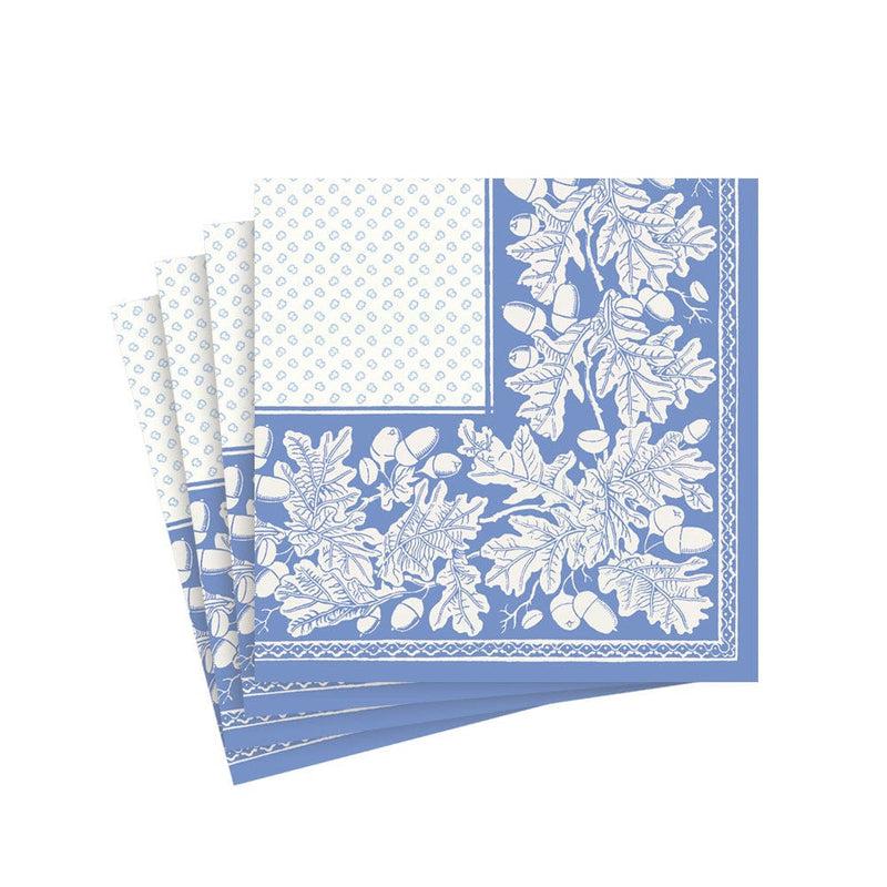 caspari Oak Leaves & Acorns Paper Linen Cocktail Napkins in French Blue & White - 15 Per Package