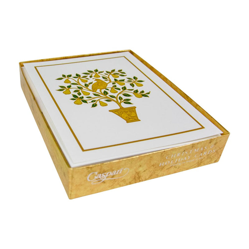 Caspari Partridge In A Pear Tree Embossed Boxed Christmas Cards - 10 Christmas Cards & 10 Envelopes