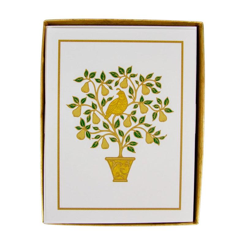 caspari Partridge In A Pear Tree Embossed Boxed Christmas Cards - 10 Christmas Cards & 10 Envelopes