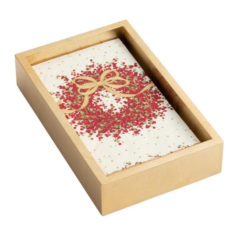 caspari Pepperberry Wreath Guest Towel Napkins & Gold Lacquer Holder Gift Set