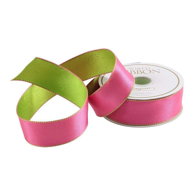 caspari Pink & Green Reversible Satin Wired Ribbon - 10 Yard Spool