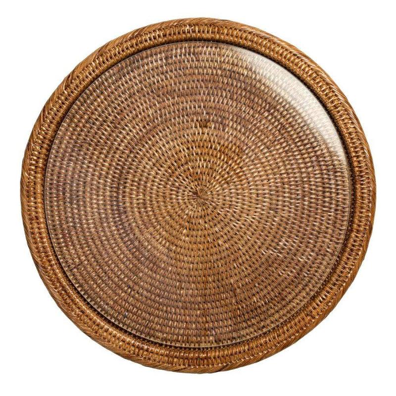 Caspari Rattan & Glass Round Serving Platter In Dark Natural - 1 Each