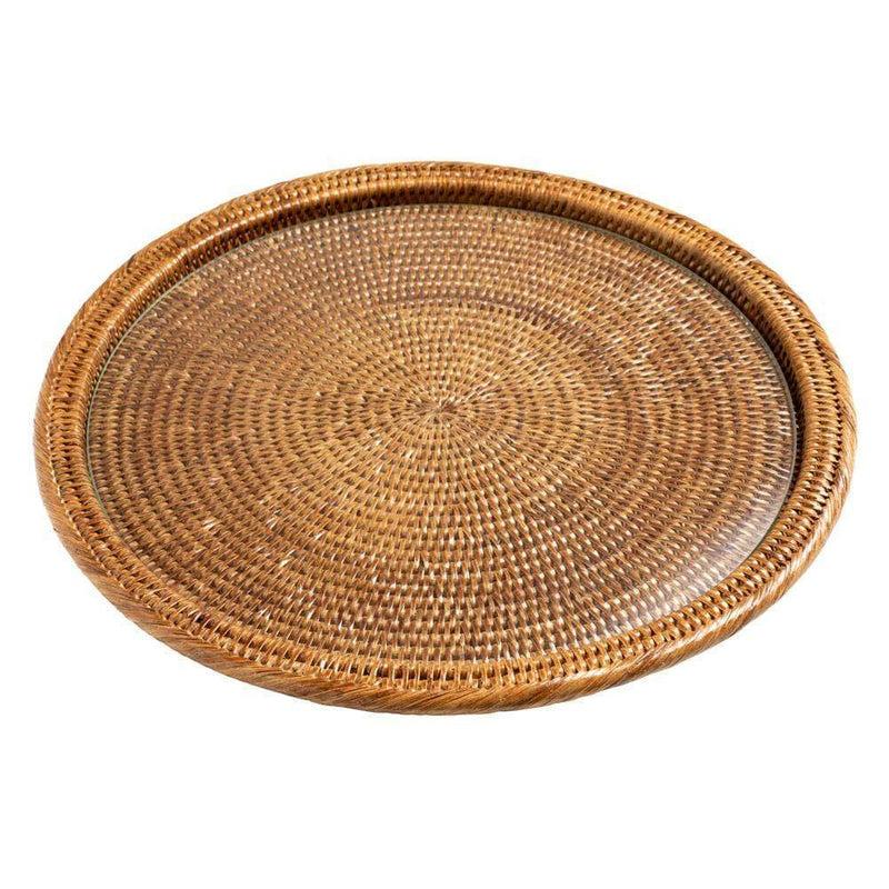 caspari Rattan & Glass Round Serving Platter in Dark Natural - 1 Each