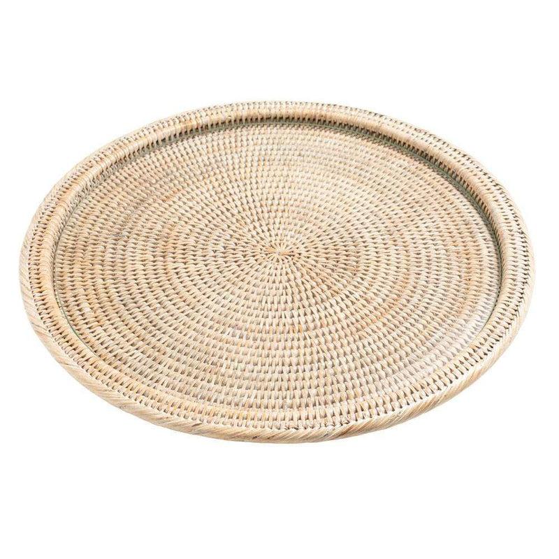 caspari Rattan & Glass Round Serving Platter in White Natural - 1 Each