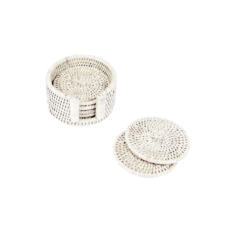 caspari Rattan Round Coaster and Holder Set in Cream - Set of 6 Coasters and 1 Napkin Holder
