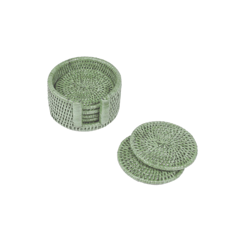 caspari Rattan Round Coaster and Holder Set in Green - Set of 6 Coasters and 1 Napkin Holder
