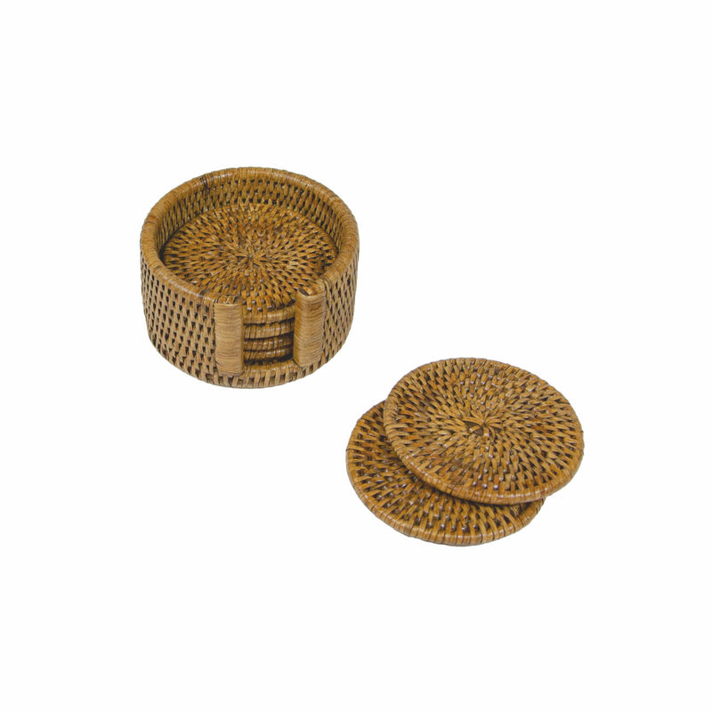 caspari Rattan Round Coaster and Holder Set in Honey - Set of 6 Coasters and 1 Napkin Holder