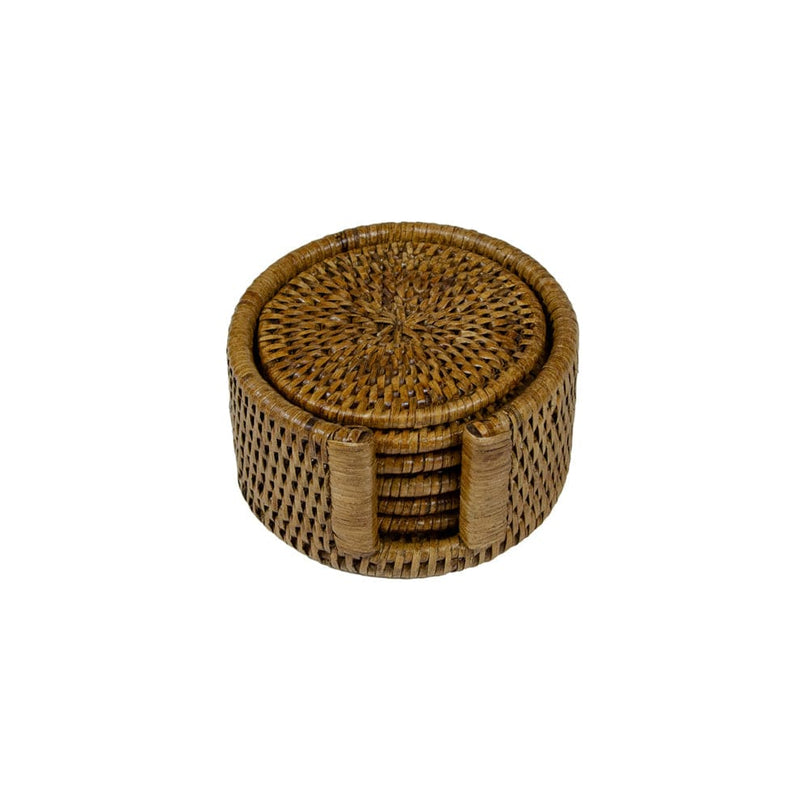 Caspari Rattan Round Coaster And Holder Set In Natural - Set Of 6 Coasters And 1 Napkin Holder