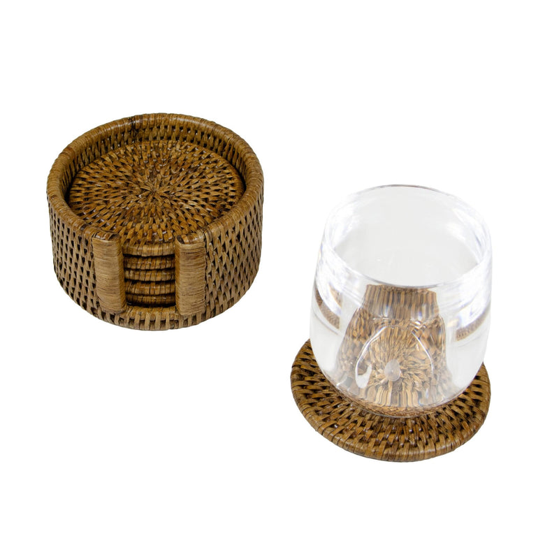 Caspari Rattan Round Coaster And Holder Set In Natural - Set Of 6 Coasters And 1 Napkin Holder