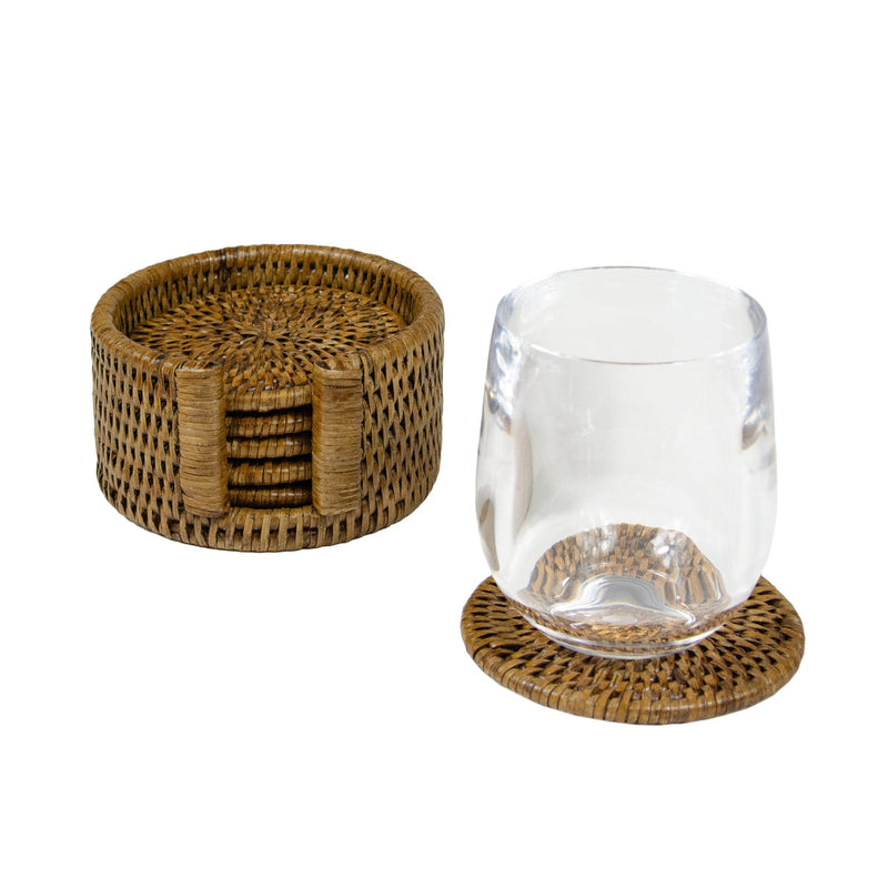 Caspari Rattan Round Coaster And Holder Set In Natural - Set Of 6 Coasters And 1 Napkin Holder