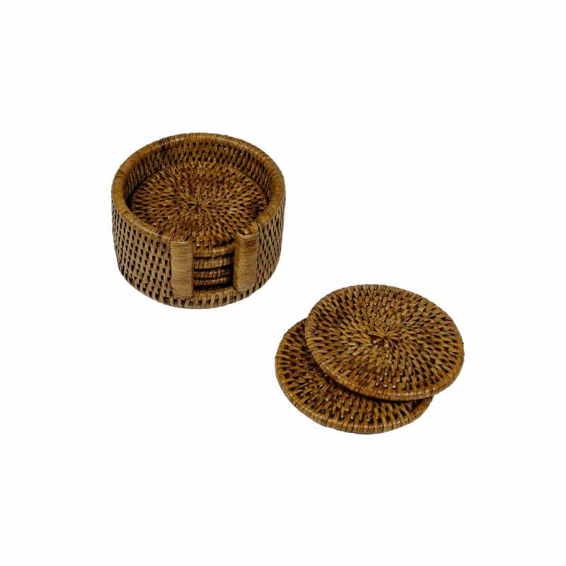 caspari Rattan Round Coaster and Holder Set in Natural - Set of 6 Coasters and 1 Napkin Holder