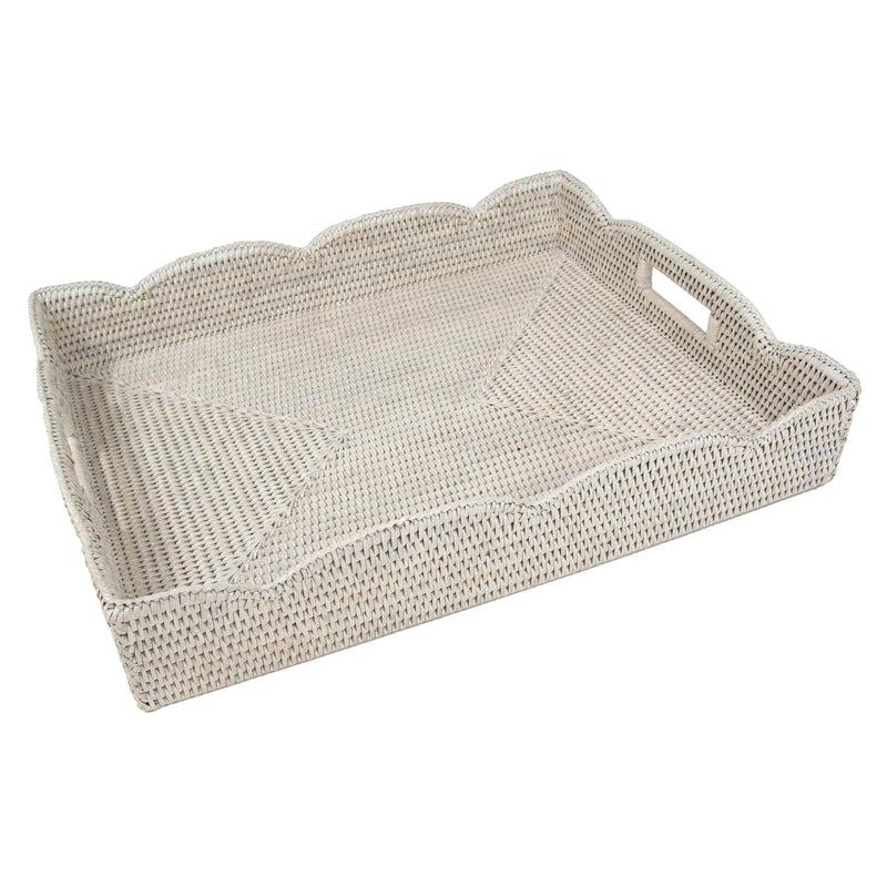 caspari Rattan Scalloped Large Tray in Cream - 1 Each