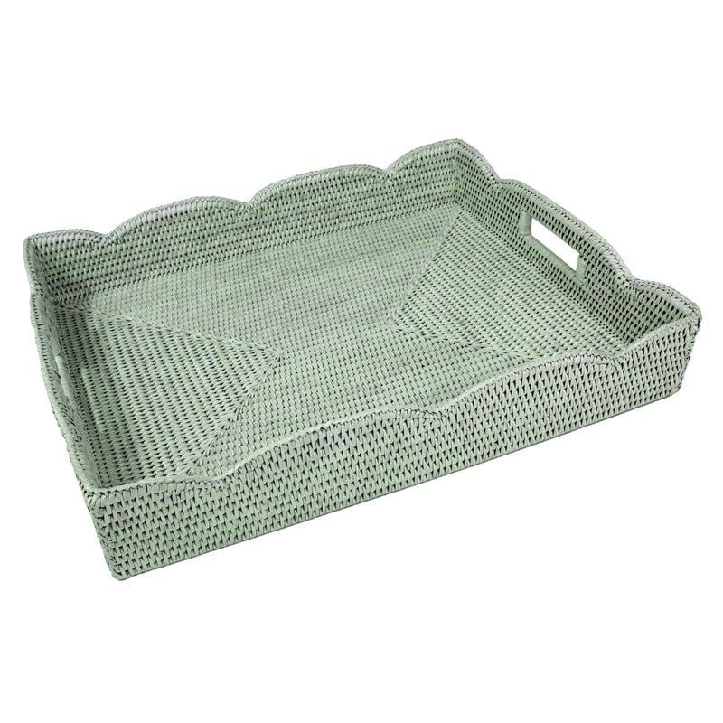 caspari Rattan Scalloped Large Tray in Green - 1 Each