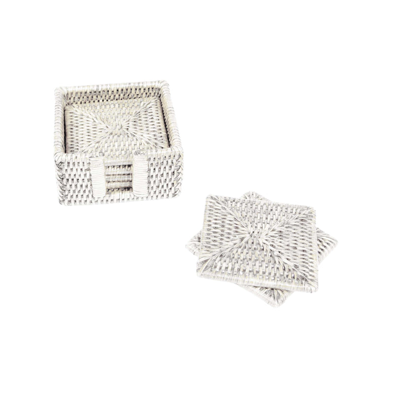 caspari Rattan Square Coaster and Holder Set in Cream - Set of 6 Coasters and 1 Napkin Holder