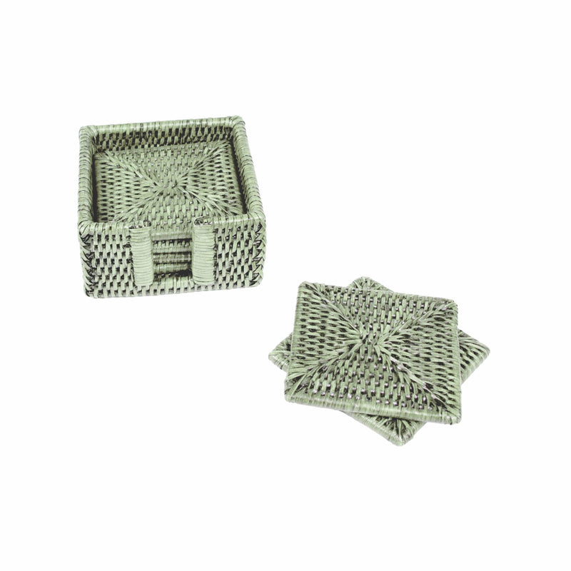 caspari Rattan Square Coaster and Holder Set in Green - Set of 6 Coasters and 1 Napkin Holder
