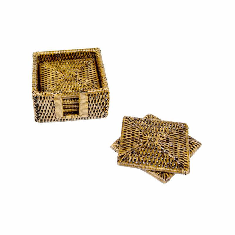 caspari Rattan Square Coaster and Holder Set in Honey - Set of 6 Coasters and 1 Napkin Holder