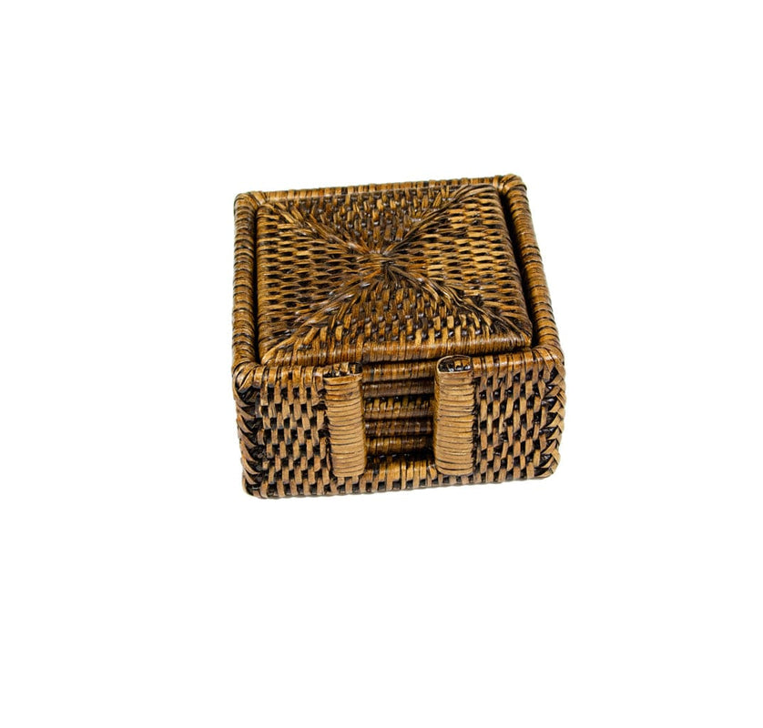 Caspari Rattan Square Coaster And Holder Set In Natural - Set Of 6 Coasters And 1 Napkin Holder