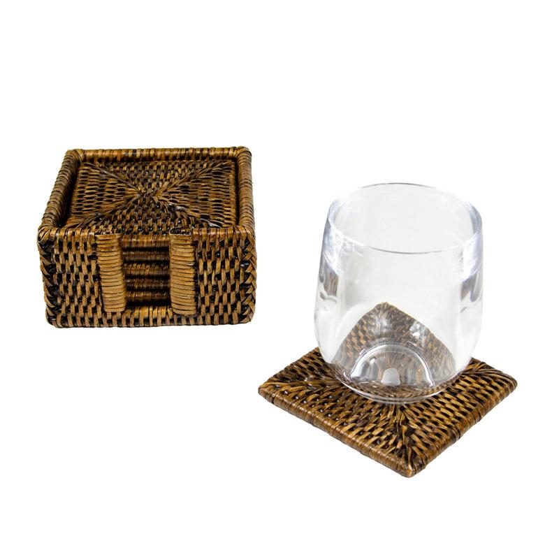 Caspari Rattan Square Coaster And Holder Set In Natural - Set Of 6 Coasters And 1 Napkin Holder