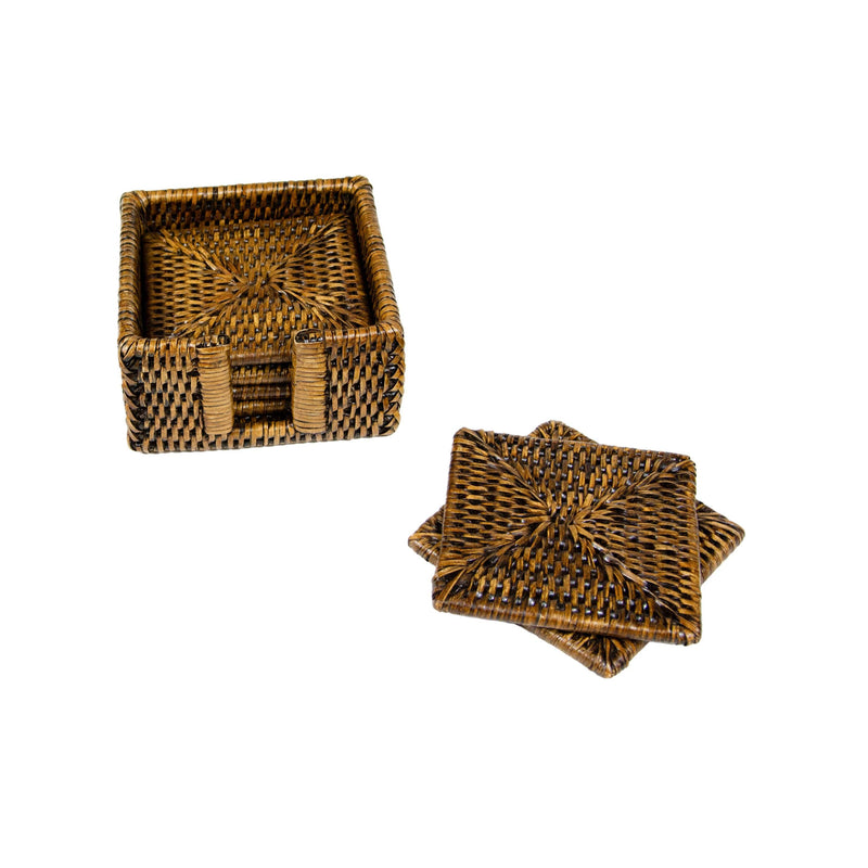 caspari Rattan Square Coaster and Holder Set in Natural - Set of 6 Coasters and 1 Napkin Holder