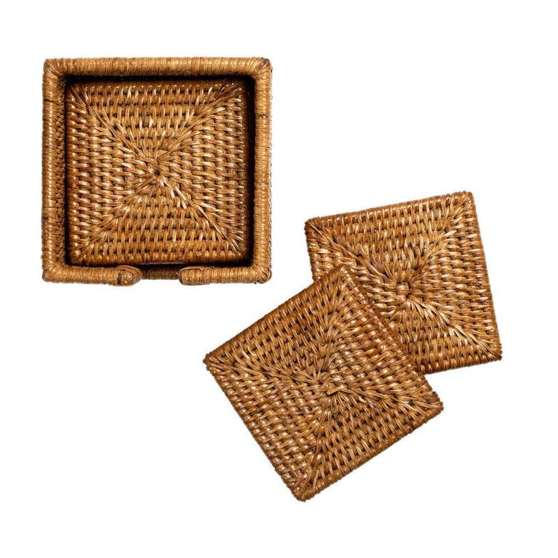 Caspari Rattan Square Coasters & Holder In Dark Natural - Set Of 6