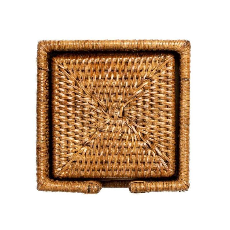 Caspari Rattan Square Coasters & Holder In Dark Natural - Set Of 6