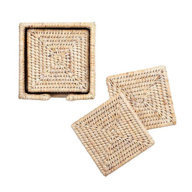 Caspari Rattan Square Coasters & Holder In White Natural - Set Of 6