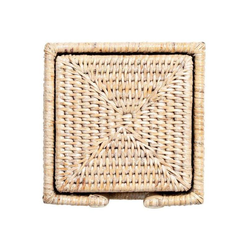 Caspari Rattan Square Coasters & Holder In White Natural - Set Of 6
